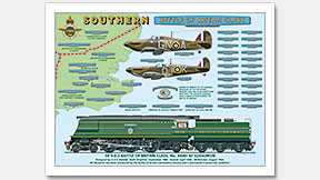 SR 4-6-2 Battle of Britain Class No. 34081 92 Squadron with Nameplates plus Hurricane (249 Squadron) and Spitfire (92 Squadron) (O. V. S. Bulleid) Steam Locomotive Print