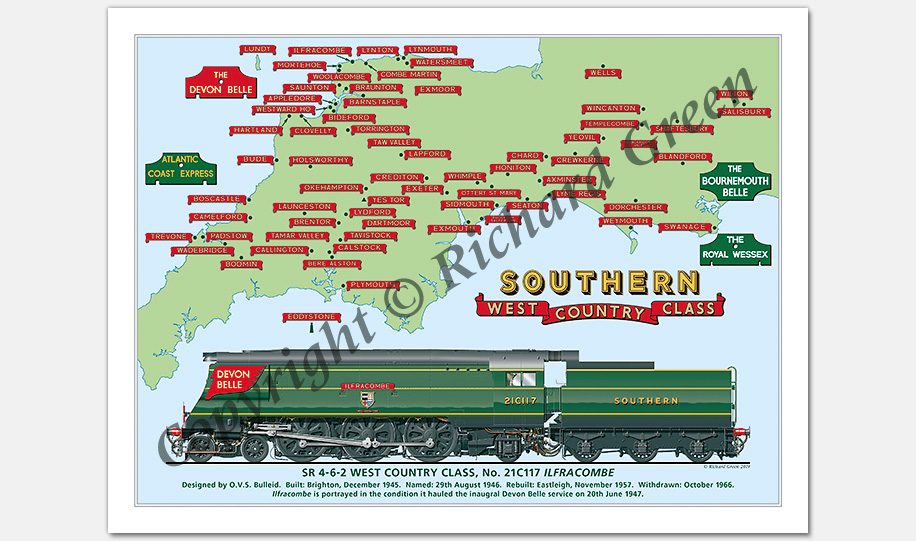 SR 4-6-2 West Country Class No. 21C117 Ilfracombe with Nameplates and Train Headboards, (O. V. S. Bulleid) Steam Locomotive Print