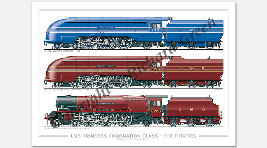 LMS 4-6-2 Princess Coronation (Duchess) Class – The Thirties. No. 6221 Queen Elizabeth (1937), No. 6227 Duchess of Devonshire (1938), No. 6230 Duchess of Buccleuch (1938) (W. A. Stanier) Locomotive Steam Print