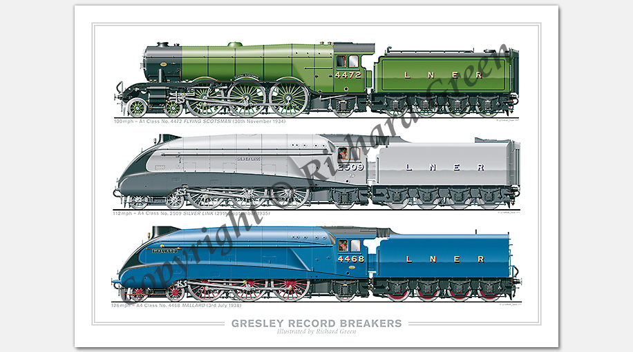 Gresley Record Breakers. 100mph – A1 Class No. 4472 Flying Scotsman (30th November 1934), 112mph – A4 Class No. 2509 Silver Link (29th September 1935), 126mph – A4 Class No. 4468 Mallard (3rd July 1938) (H.N. Gresley) Steam Locomotive Print