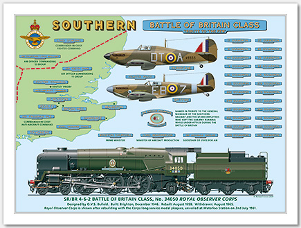 SR/BR 4-6-2 Rebuilt Battle of Britain Class No. 34050 Royal Observer Corps with Nameplates plus Hawker Hurricane (257 Squadron) and Supermarine Spitfire (41 Squadron) (O. V. S. Bullied / R. G. Jarvis) Steam Locomotive Print