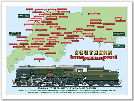 SR/BR 4-6-2 Rebuilt West Country Class No. 34008 Padstow with Nameplates and Train Headboards, (O. V. S. Bullied / R. G. Jarvis) Steam Locomotive Print