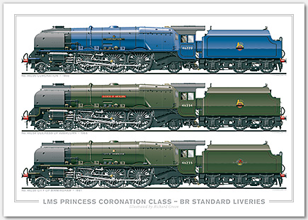 LMS 4-6-2 Princess Coronation (Duchess) Class – BR Standard Liveries. No. 46220 Coronation 1950, No. 46234 Duchess of Abercorn 1955, No. 46235 City of Birmingham 1961