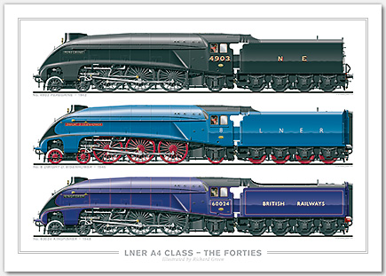 LNER A4 Class – The Forties. No. 4903 Peregrine 1942, No. 8 Dwight D. Eisenhower 1946, No. 60024 Kingfisher 1948