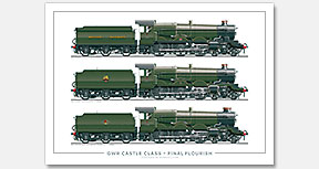 GWR Castle Class – Final Flourish. No. 7007 Great Western (1948), No. 7037 Swindon (1950), No. 7018 Drysllwyn Castle (1958) (C. B. Collett / F. W. Hawksworth) Steam Locomotive Print