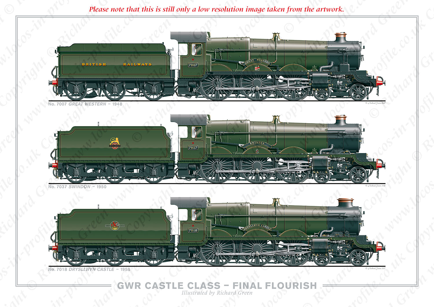 GWR Castle Class – Final Flourish. No. 7007 Great Western (1948), No. 7037 Swindon (1950), No. 7018 Drysllwyn Castle (1958) (C. B. Collett / F. W. Hawksworth) Steam Locomotive Print