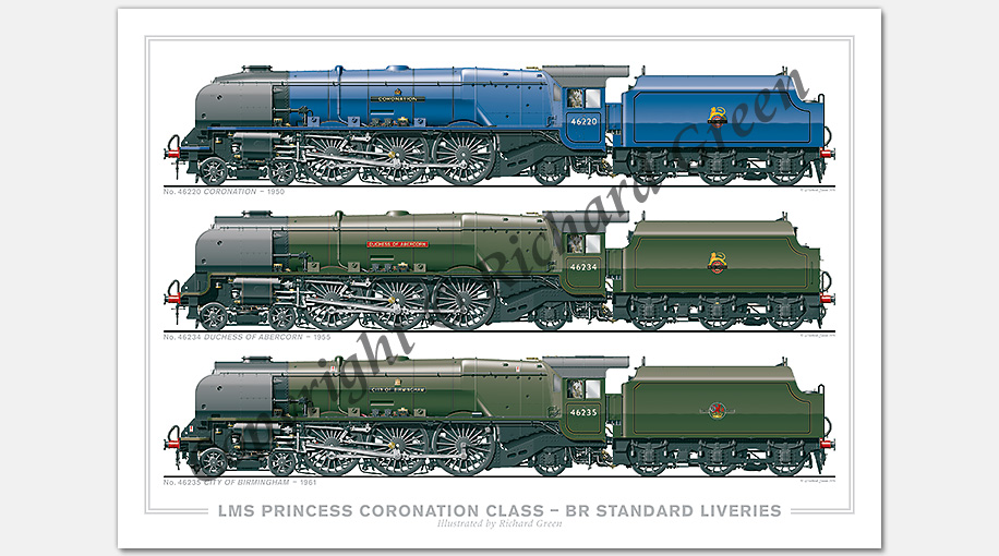 LMS 4-6-2 Princess Coronation (Duchess) Class – BR Standard Liveries. No. 46220 Coronation (1950), No. 46234 Duchess of Abercorn (1955), No. 46235 City of Birmingham (1961) (W. A. Stanier) Locomotive Steam Print