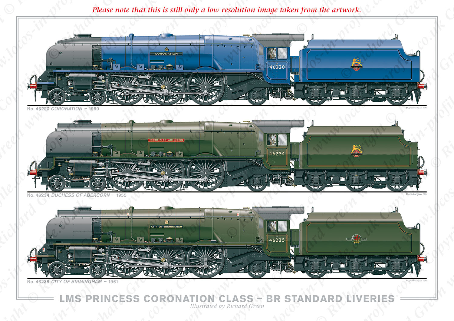 LMS 4-6-2 Princess Coronation (Duchess) Class – BR Standard Liveries. No. 46220 Coronation (1950), No. 46234 Duchess of Abercorn (1955), No. 46235 City of Birmingham (1961) (W. A. Stanier) Locomotive Steam Print