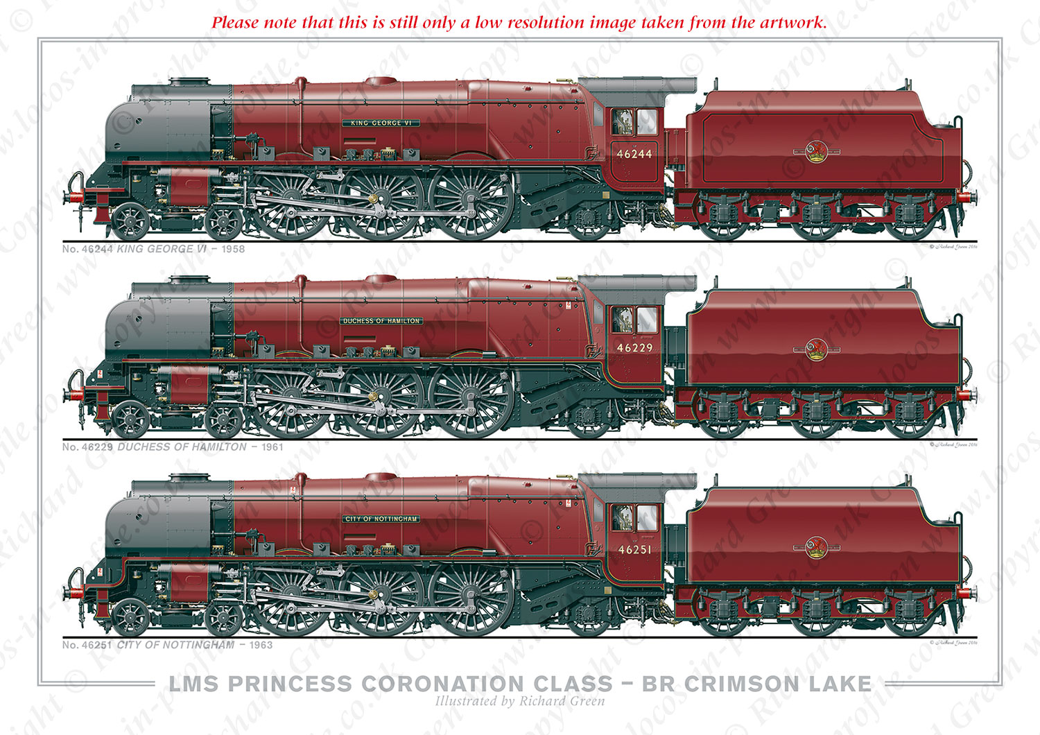 LMS 4-6-2 Princess Coronation (Duchess) Class – BR Crimson Lake. No. 46244 King George VI (1958), No. 46229 Duchess of Hamilton (1961), No. 46251 City of Nottingham (1963) (W. A. Stanier) Locomotive Steam Print