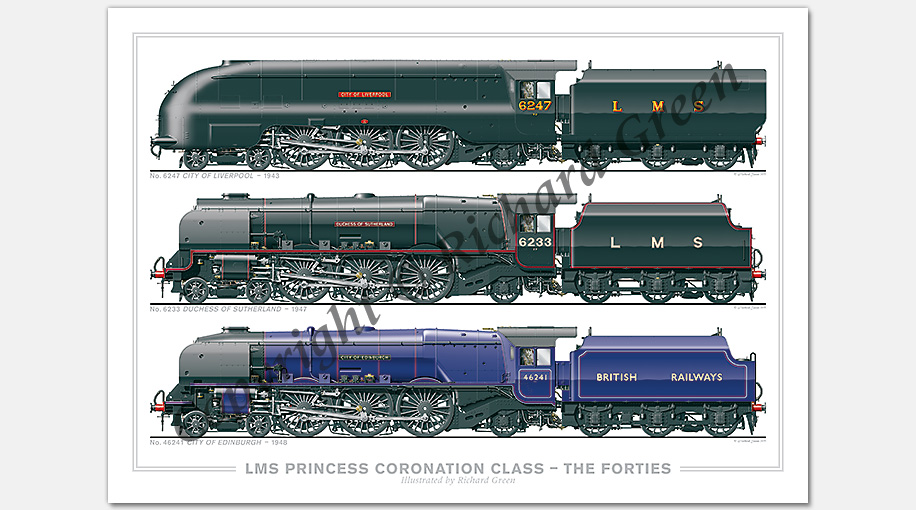 LMS 4-6-2 Princess Coronation (Duchess) Class – The Forties. No. 6247 City of Liverpool (1943), No. 6233 Duchess of Sutherland (1947), No. 646241 City of Edinburgh (1948) (W. A. Stanier) Locomotive Steam Print