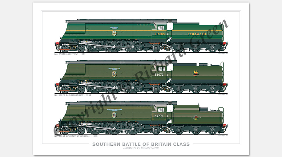 SR/BR Battle of Britain (Light Pacific) Class. No. 21C166 Spitfire (1947), No.34073 249 Squadron (1952), No. 34051 Winston Churchill (1965) (O. V. S. Bullied) Steam Locomotive Print