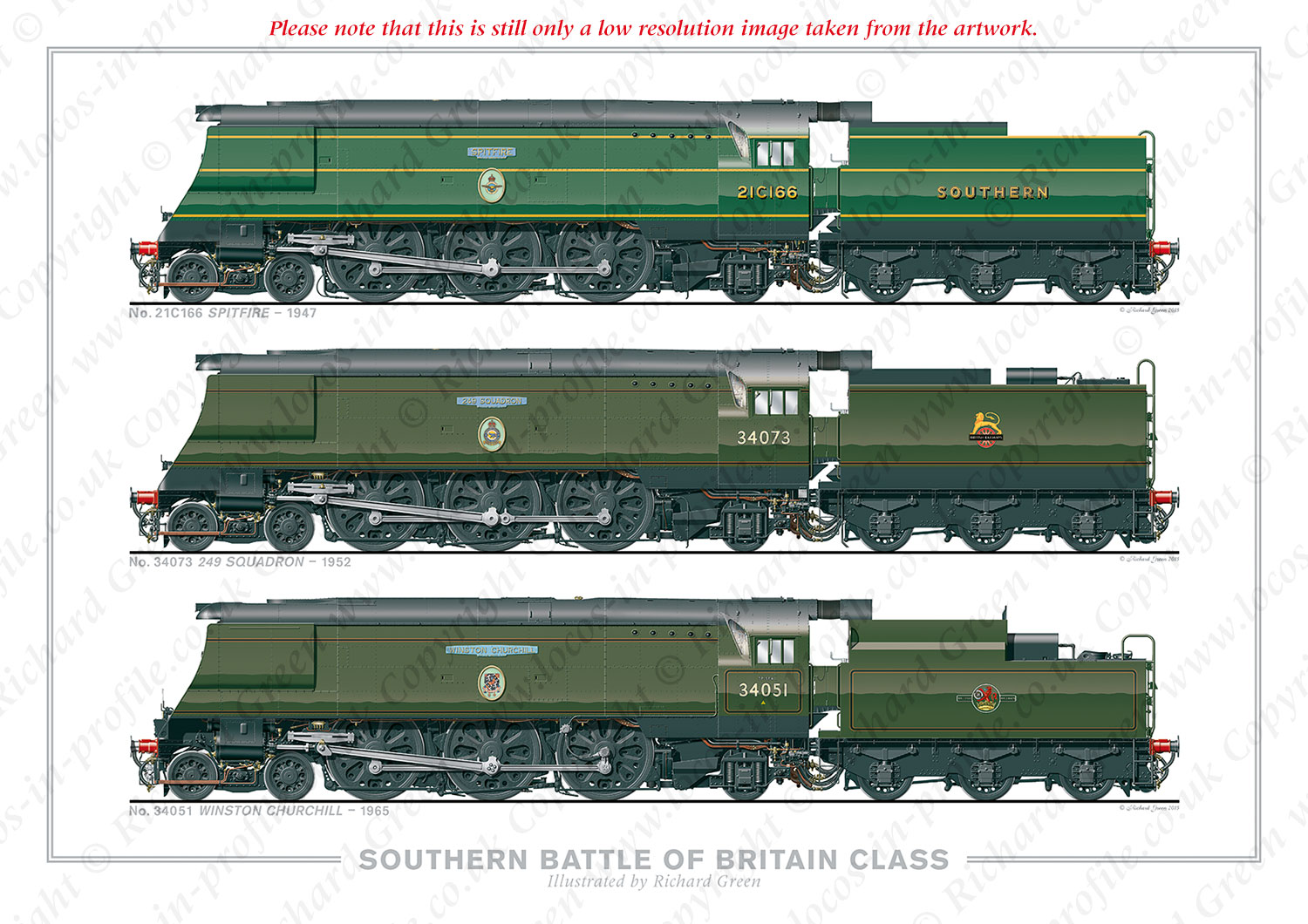 SR/BR Battle of Britain (Light Pacific) Class. No. 21C166 Spitfire (1947), No.34073 249 Squadron (1952), No. 34051 Winston Churchill (1965) (O. V. S. Bullied) Steam Locomotive Print