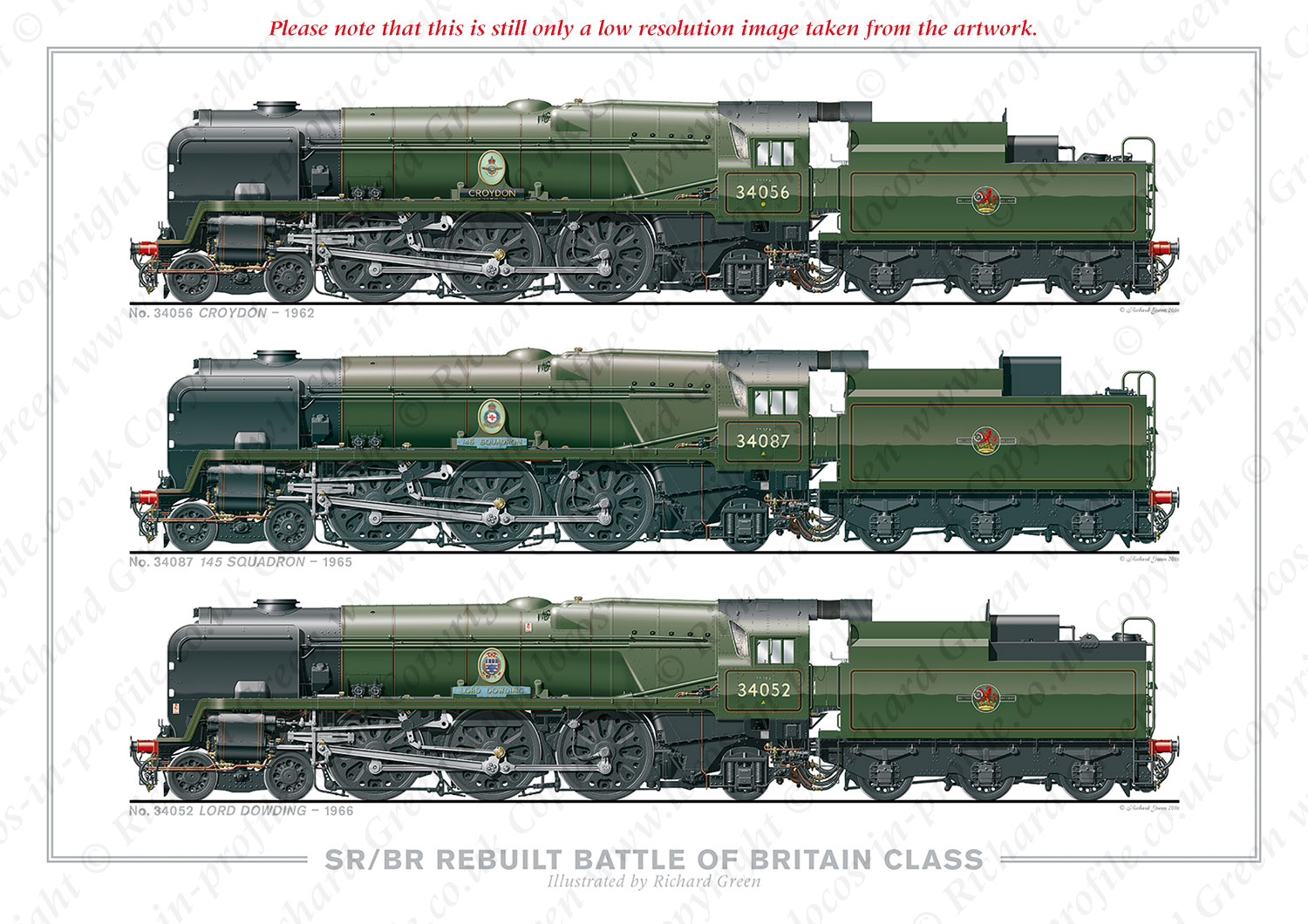SR/BR 4-6-2 Light Pacific – Rebuilt Battle of Britain (Light Pacific) Class. No. 34056 Croydon (1962), No. 34087 145 Squadron 1(965), No. 34052 Lord Dowding (1966) (O. V. S. Bullied / R. G. Jarvis) Steam Locomotive Print