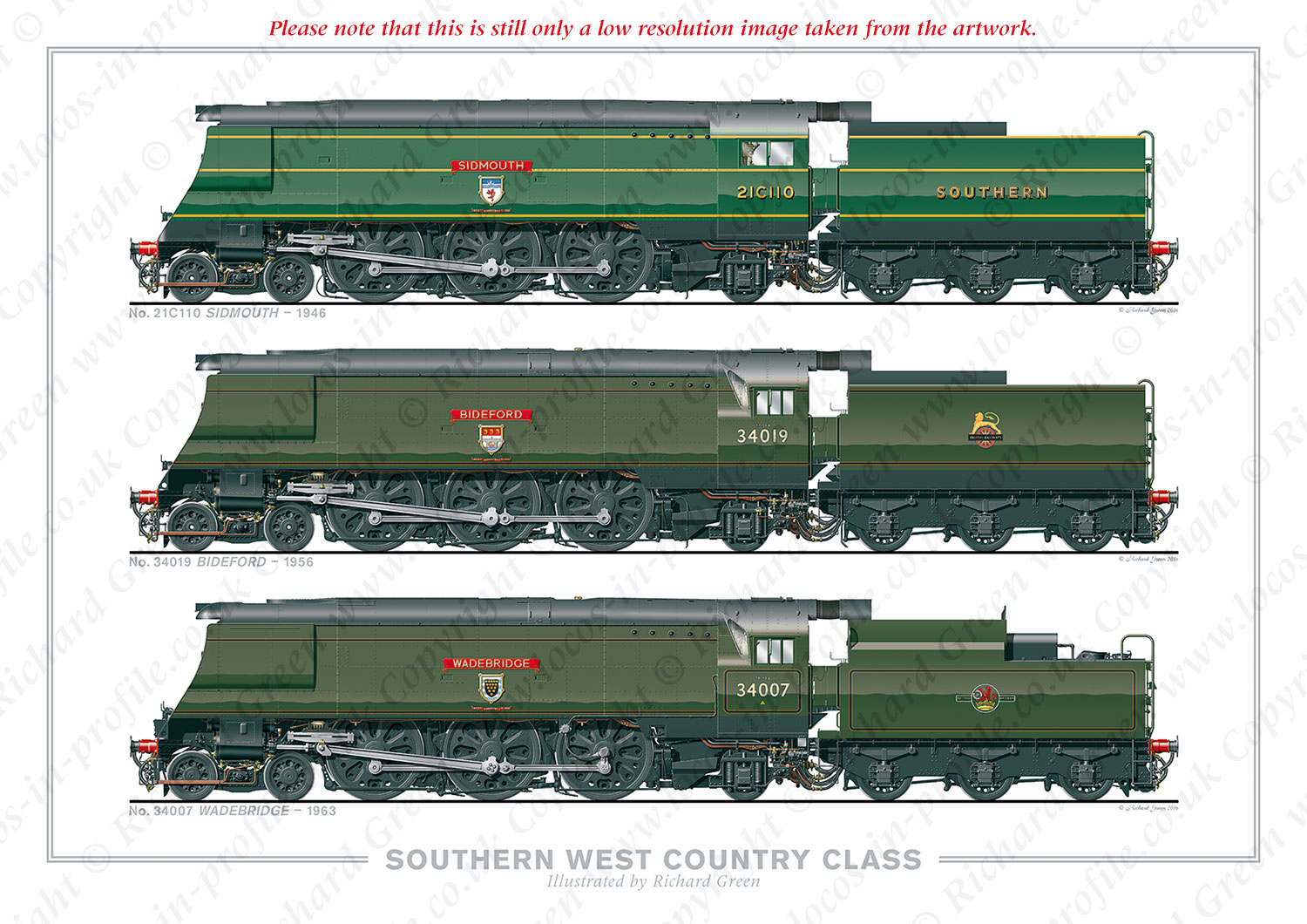 SR/BR West Country (Light Pacific) Class. No. 21C110 Sidmouth (1946), No. 34019 Bideford (1956), No. 4007 Wadebridge (1963) (O. V. S. Bullied) Steam Locomotive Print