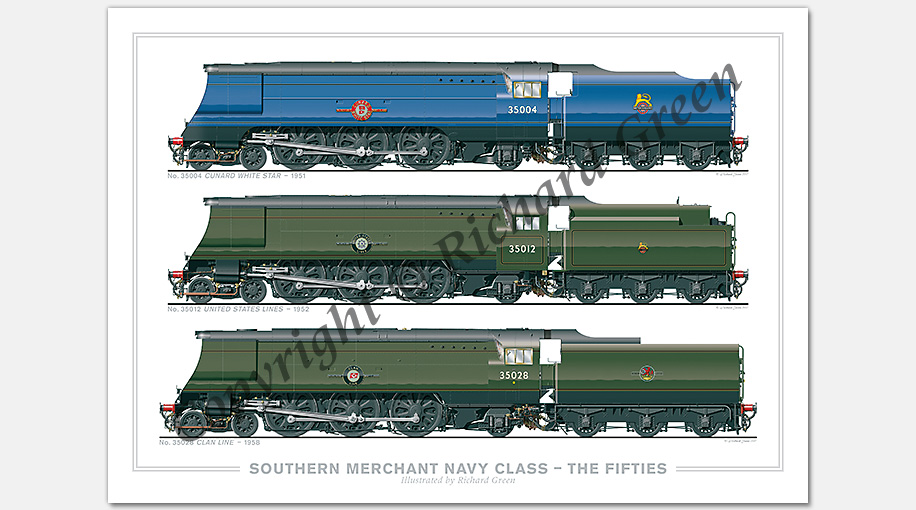 SR 4-6-2 Merchant Navy Class – The Fifties (50s). No. 35004 Cunard White Star (1951), No. 35012 United States Lines (1952), No. 35028 Clan Line (1958) (O. V. S. Bullied) Steam Locomotive Print