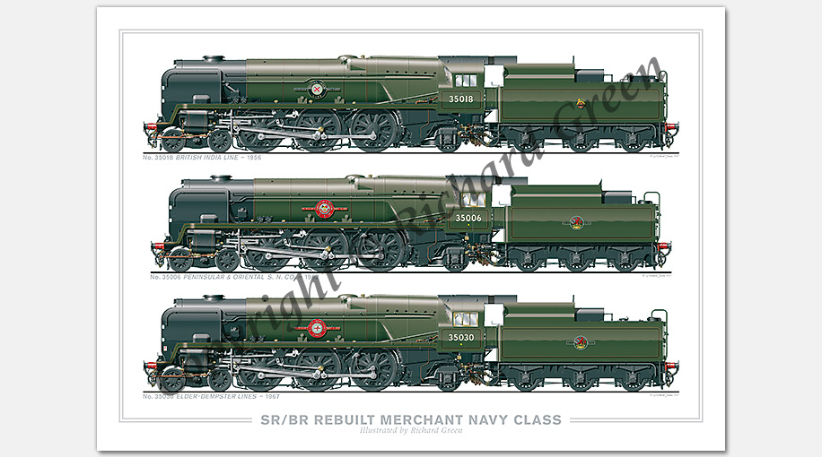 R/BR 4-6-2 Merchant Navy Class – Rebuilt. No. 35018 British India Line (1956), No. 35006 Peninsular & Oriental S. N. Co. (1962), No. 35030 Elder-Dempster Lines (1967) (O. V. S. Bullied / R. G. Jarvis) Steam Locomotive Print