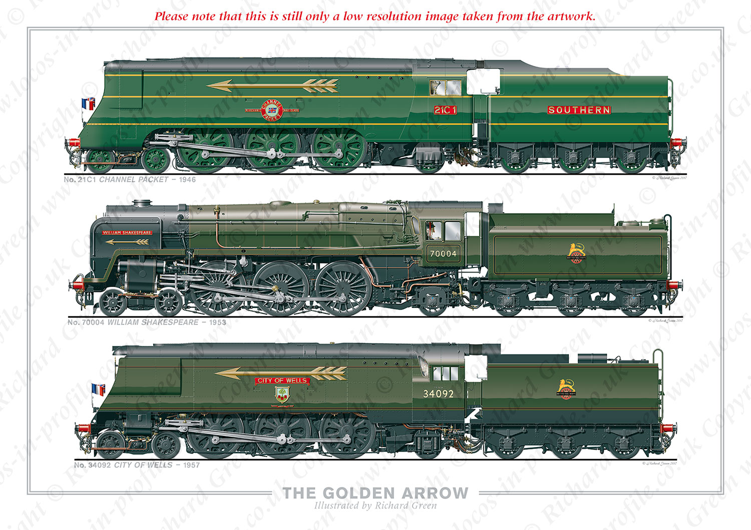The Golden Arrow. No. 21C1 Channel Packet (1946), No. 70004 William Shakespeare (1953), No. 34092 City of Wells (1957) (O.V.S. Bulleid & R.A. Riddles) Steam Locomotive Print