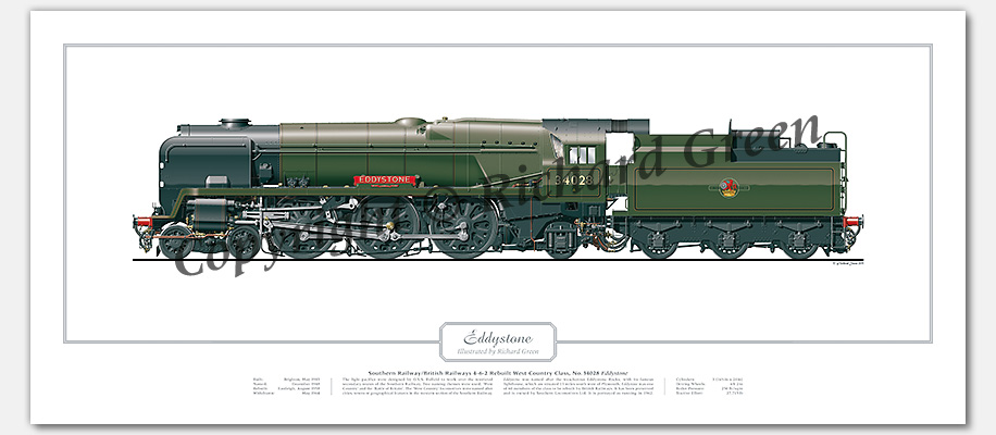 SR/BR Rebuilt West Country (Light Pacific) Class No. 34028 Eddystone (O V S Bulleid / R G Jarvis) Steam Locomotive Print