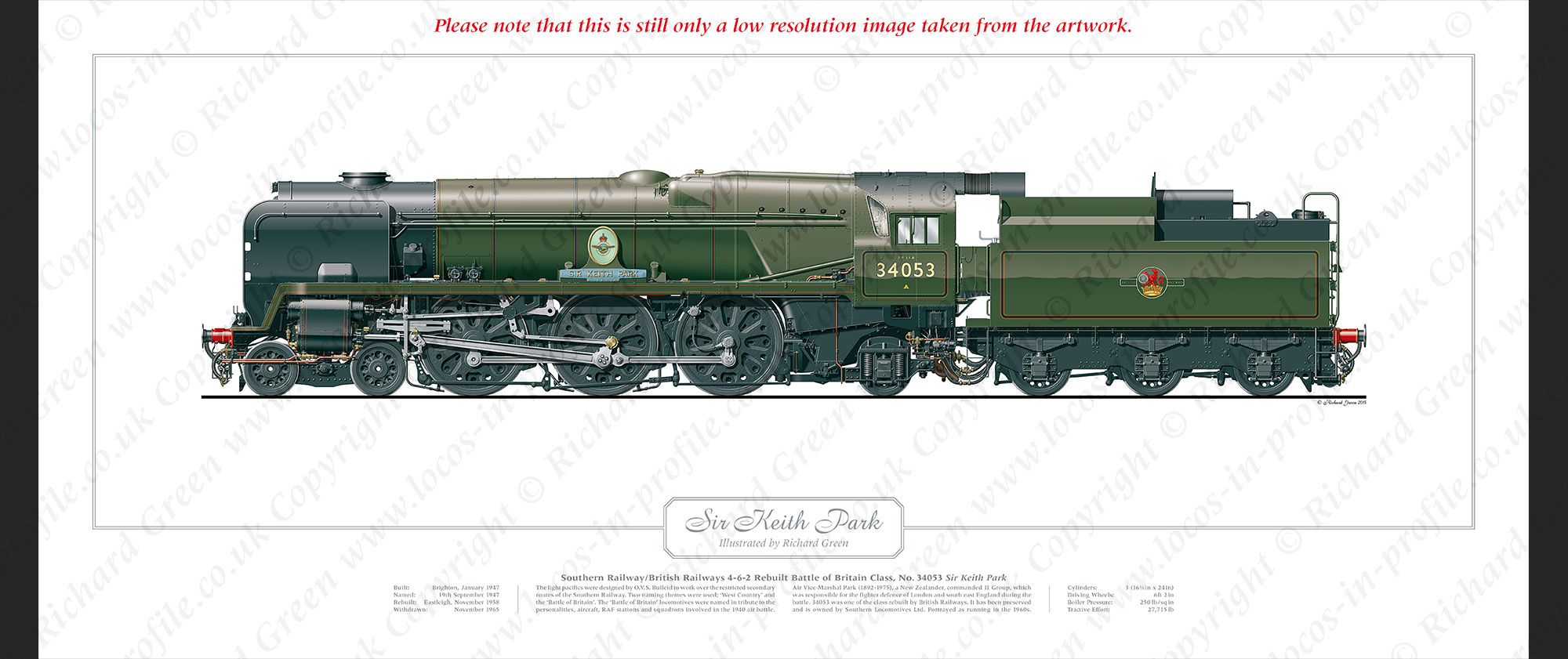 SR/BR Rebuilt Battle of Britain (Light Pacific) Class No. 34053 Sir Keith Park (O V S Bulleid / R G Jarvis) Steam Locomotive Print