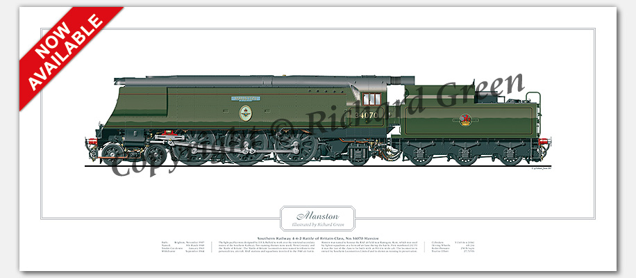 SR Battle of Britain (Light Pacific) Class No. 34070 Manston (O V S Bulleid) Steam Locomotive Print