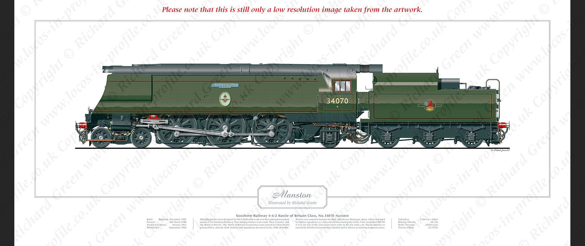 SR Battle of Britain (Light Pacific) Class No. 34070 Manston (O V S Bulleid) Steam Locomotive Print