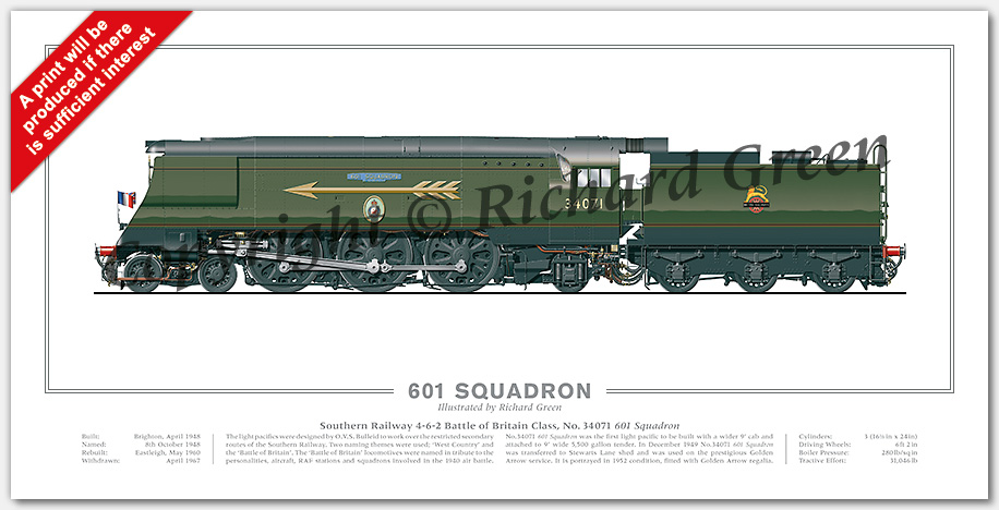 SR Battle of Britain (Light Pacific) Class No. 34071 601 Squadron (O V S Bulleid) Steam Locomotive Print