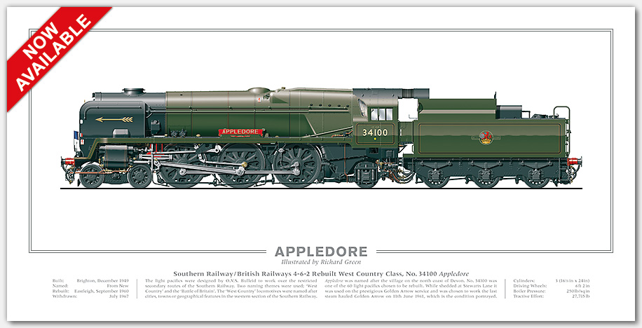 SR/BR Rebuilt West Country (Light Pacific) Class No. 34100 Appledore (O V S Bulleid / R G Jarvis) Steam Locomotive Print